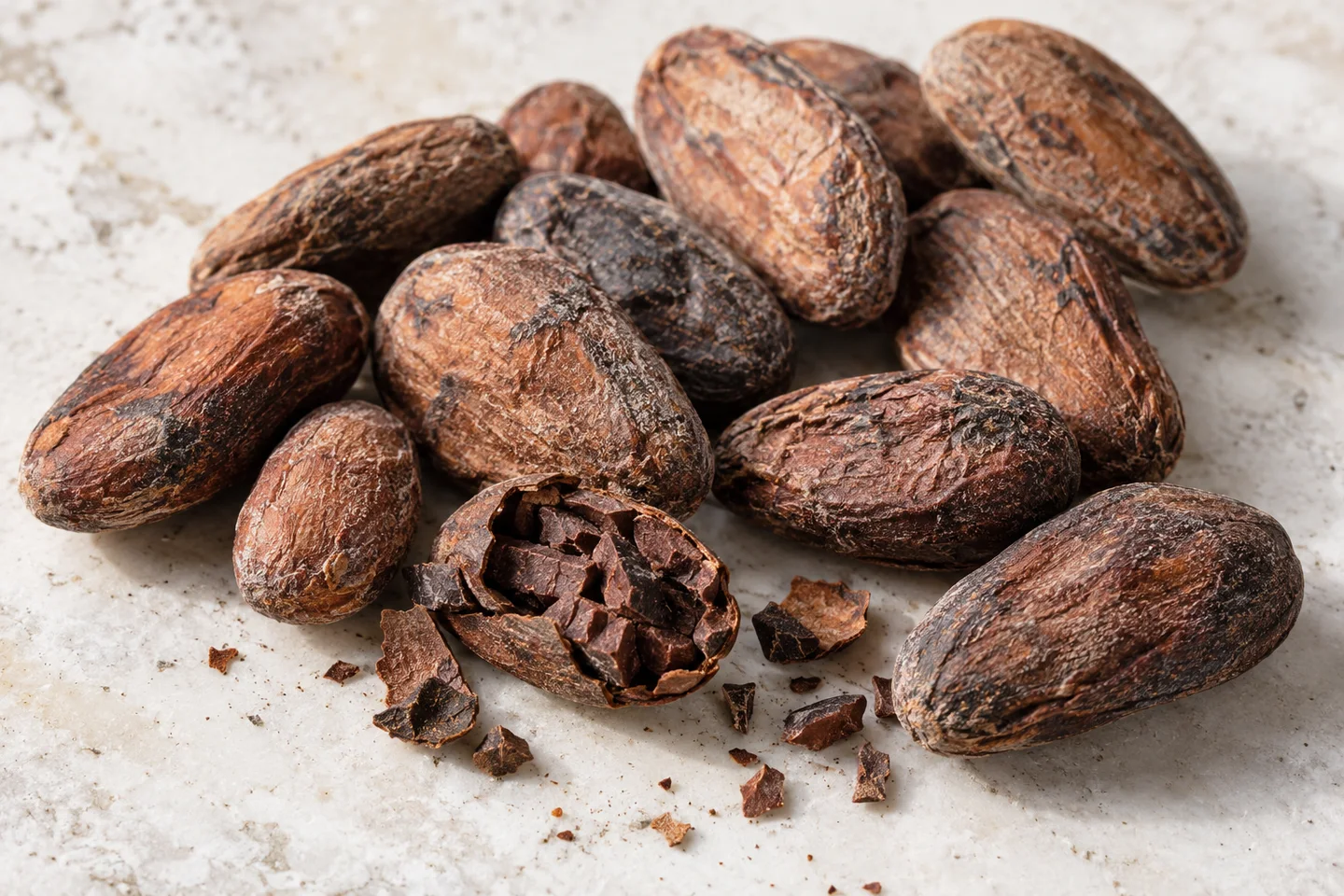 Cocoa beans and cracked shells exposing their nibs