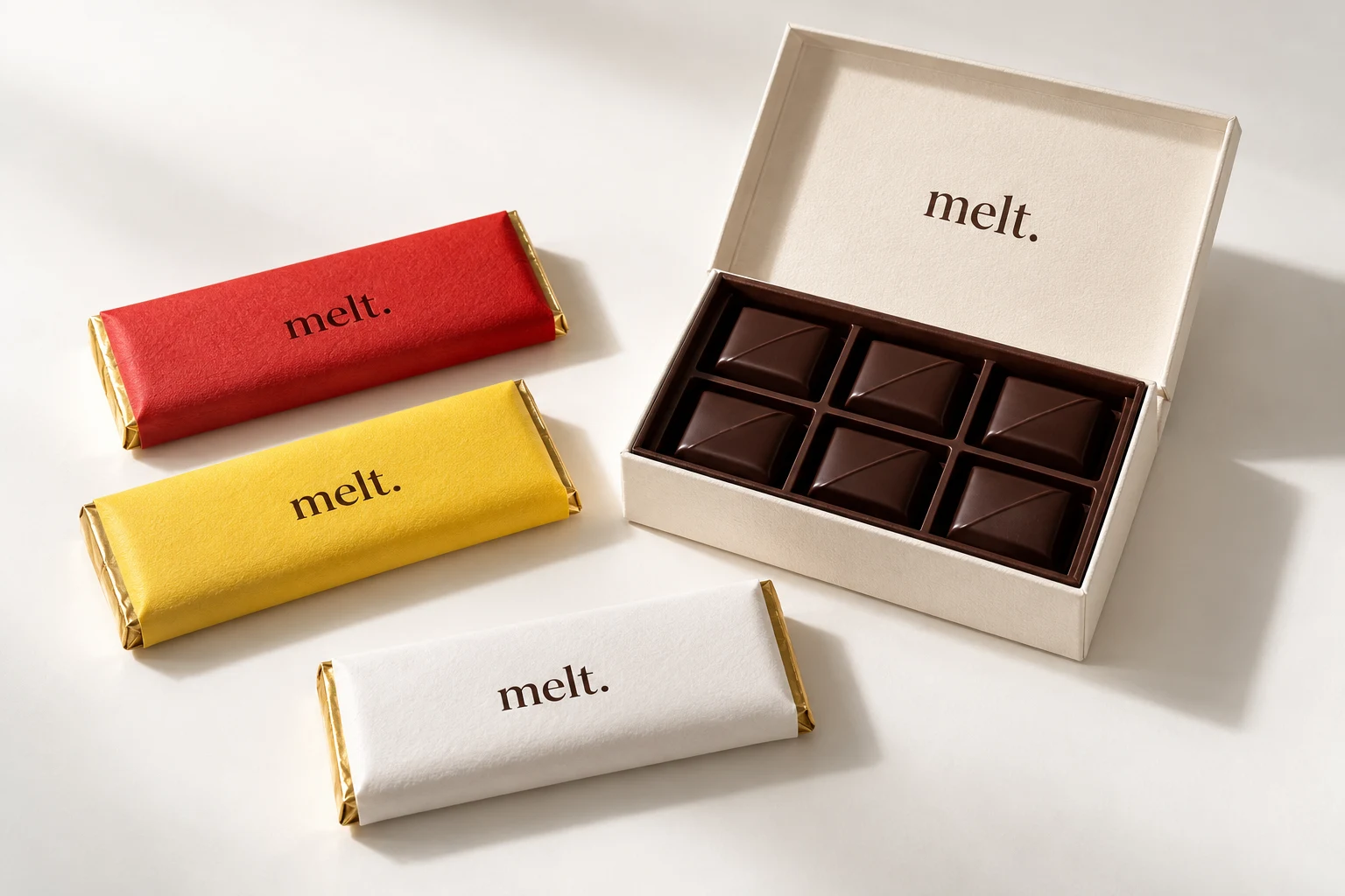 Red, yellow and white wrapped chocolate bars beside an open gift box